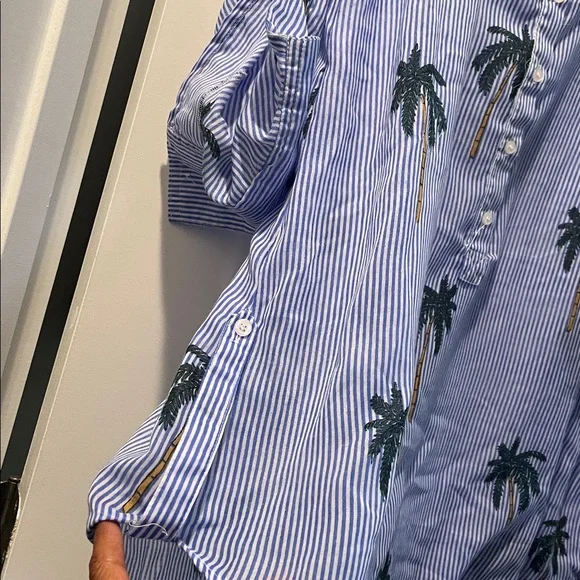 Violet Sky Overshirt Coverup Tunic Size S Blue White Stripes Tropical Vacation - Picture 5 of 13